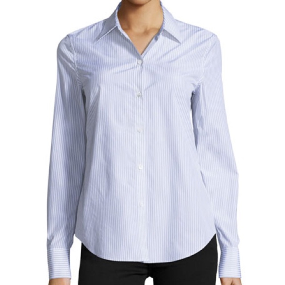Theory Dalton Striped Perfect-Fit Blouse in Grey/White